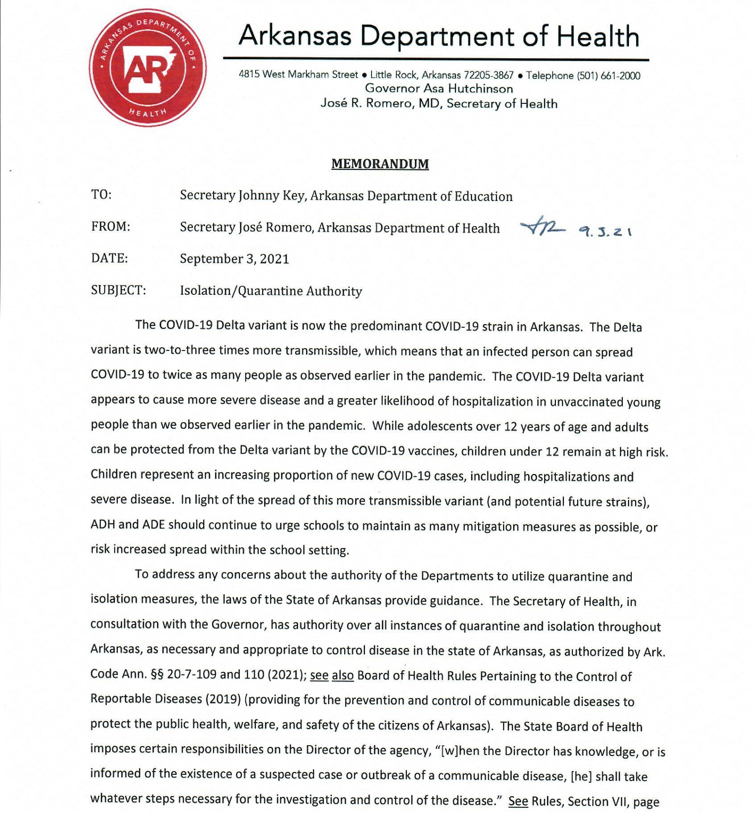 Memo on Quarantines